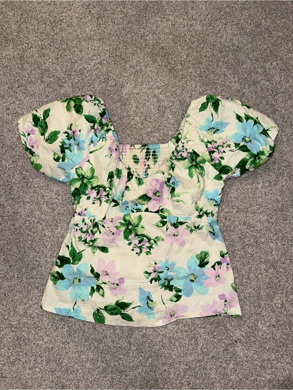 Cream Floral Puff-Sleeve Smocked Peplum Top